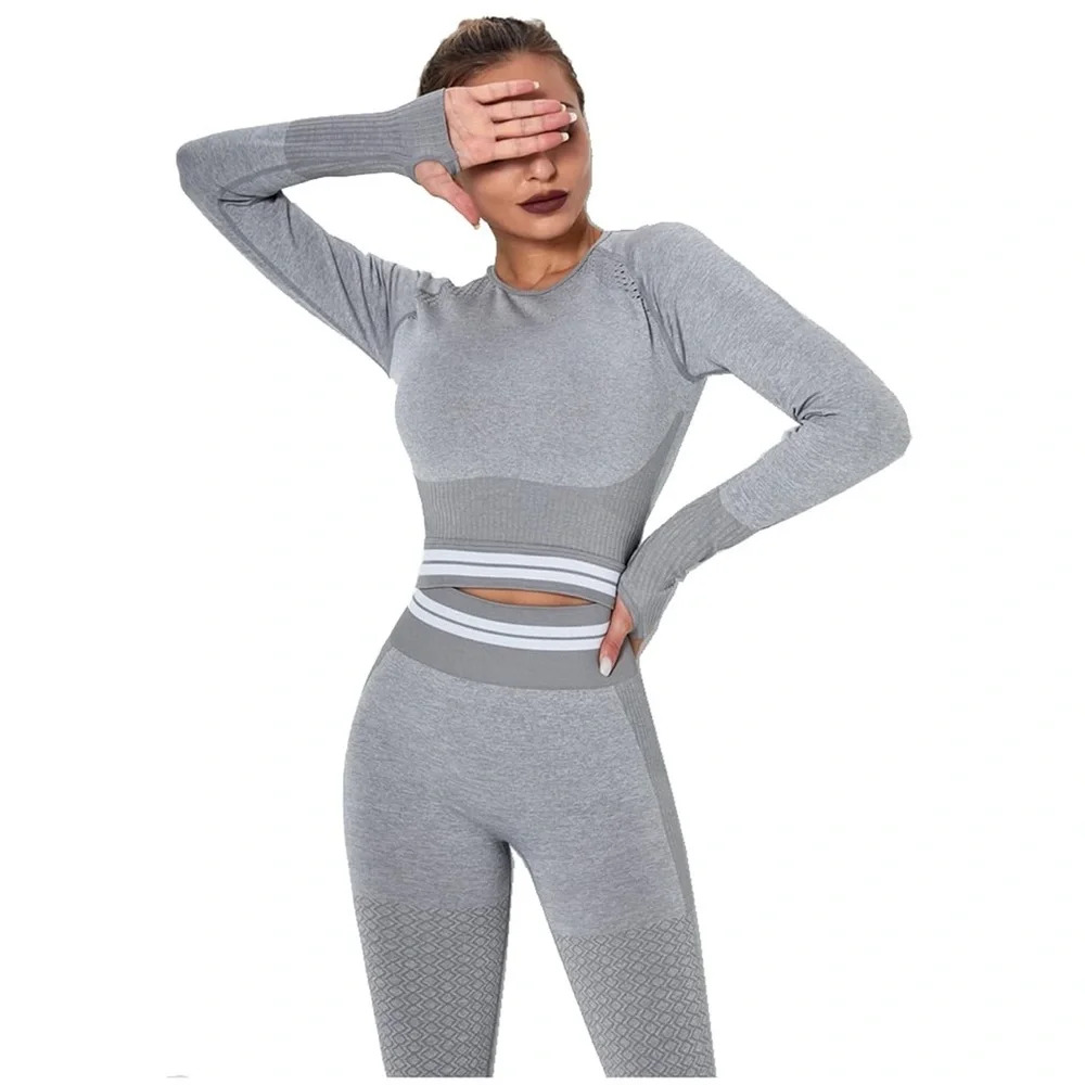 IMPERIA SEAMLESS ACTIVE Yoga Set Grey Striped High Waist Cute Keyhole SIZE SMALL
